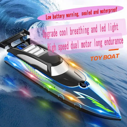 kids remote control boat toys featuring a high-speed dual motor and LED lights on water.