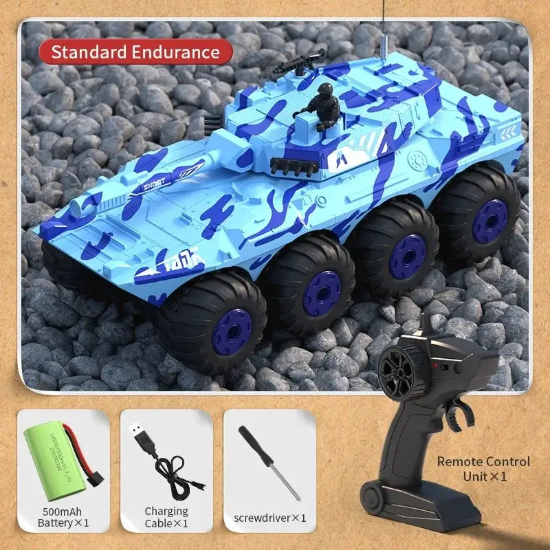 Large Rc Tank with remote control and accessories on rocky surface