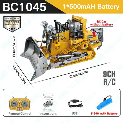 ZWN 2.4G Remote Control Excavator with remote control, USB, and 500mAh battery, model BC1045, die-cast metal design.