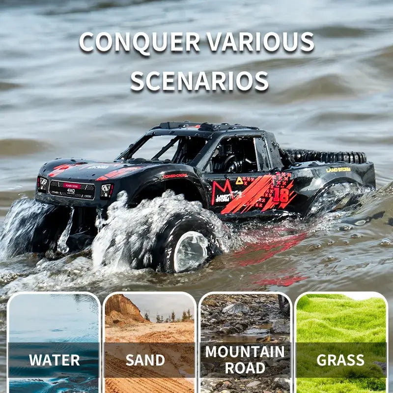 Four-wheel Drive Remote Control Car conquering water, sand, mountain road, and grass scenarios.