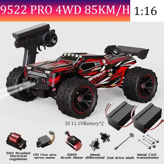 RC Car 85 kmh SCY9522PRO in red and black with remote control and accessories on a white background.