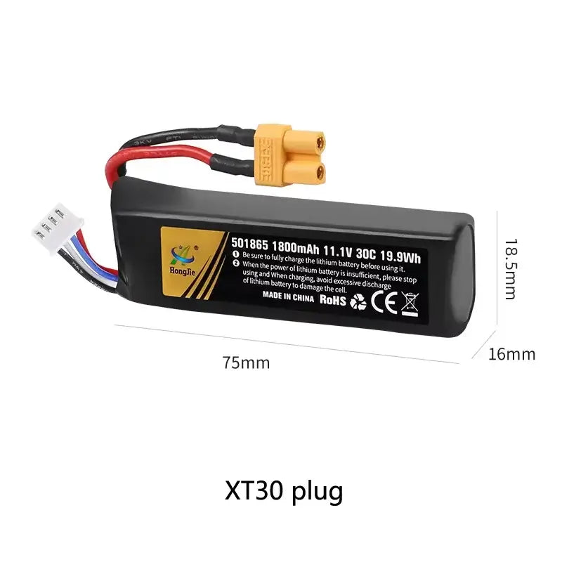 Lipo Battery for RC Car featuring 11.1V voltage, 30C discharge rate, and 1800mAh capacity for optimal performance.