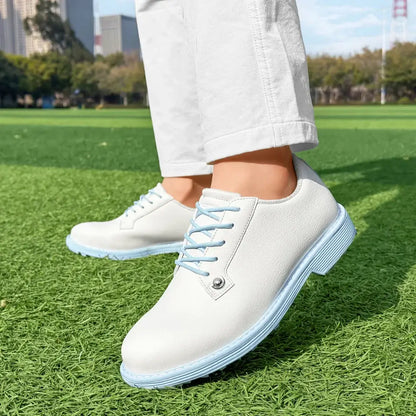 women's leather golf shoes on green grass, comfortable golfer footwear designed for performance.