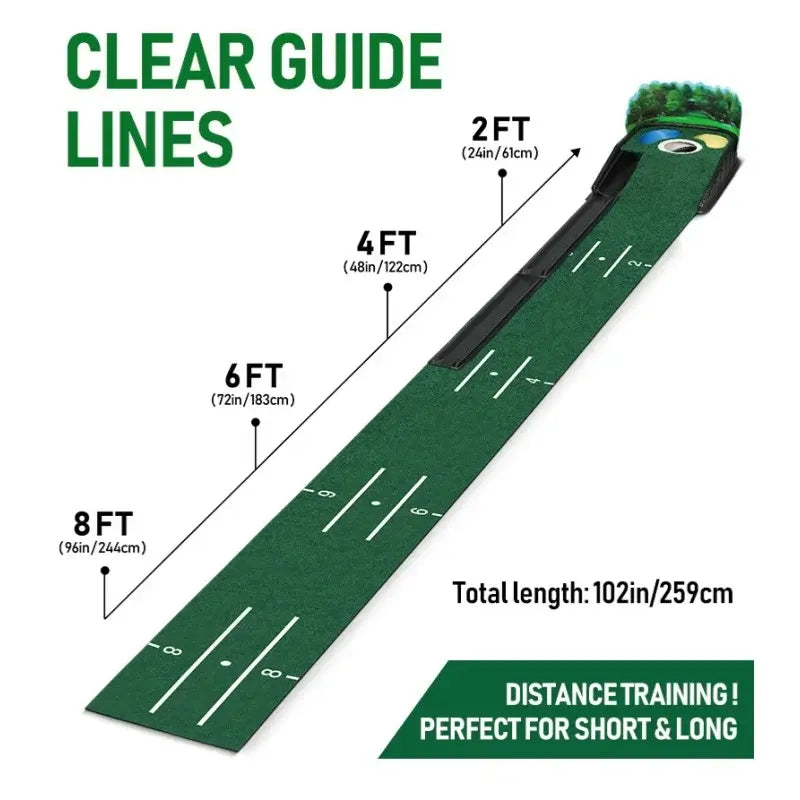 Golf Putting Green mat showing clear guide lines for distance training, measuring 102in length, perfect for short and long putts.