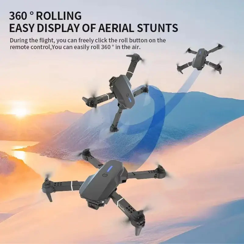 Drone E88PRO 8K showcasing 360° rolling aerial stunts in flight against a scenic background.