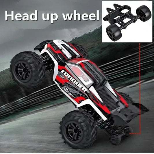 Large RC Cars performing a stunt with head-up wheel and detailed chassis design for high-speed action.