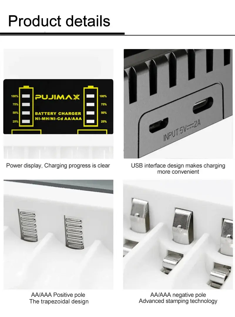 Product details of Battery Charger 4 Slots Intelligent LED showing USB design, power display, and AA/AAA compatibility.