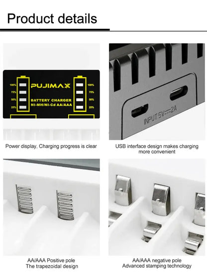 Product details of Battery Charger 4 Slots Intelligent LED showing USB design, power display, and AA/AAA compatibility.