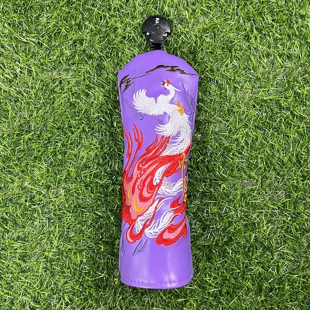 1pc Faux Leather Golf Club Head Cover with Phoenix Embroidery on a grass background