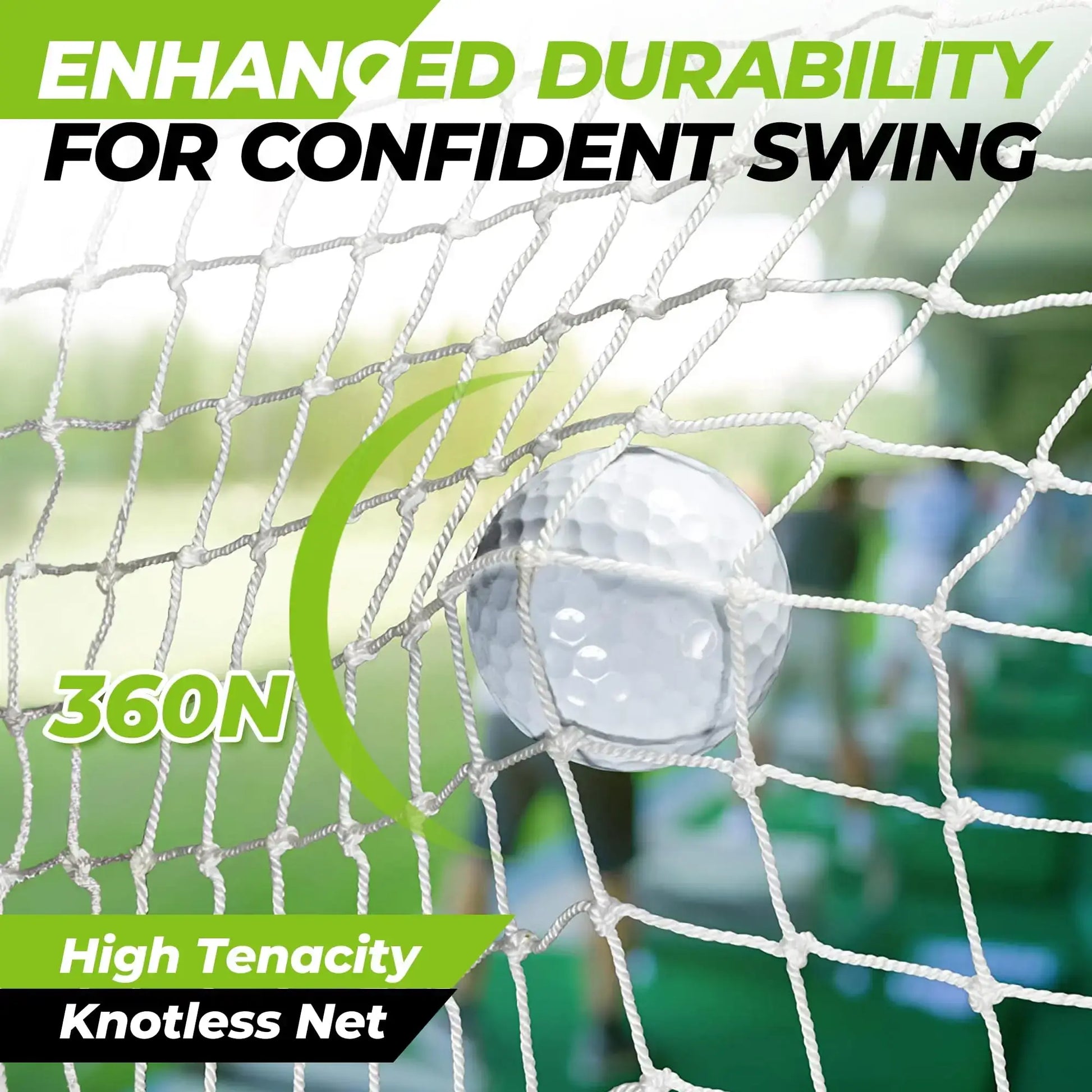 Professional Golf Practice Net showing a golf ball in a knotless net designed for enhanced durability and confident swings.