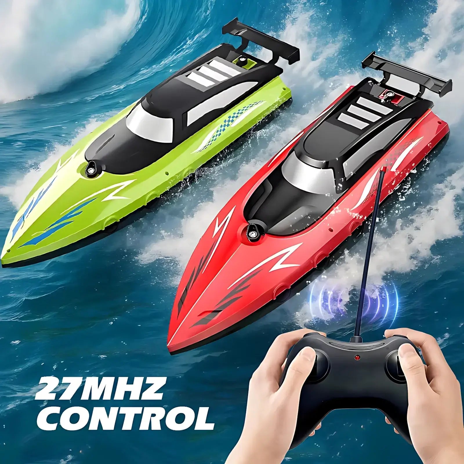 High-Speed RC Boat for Kids, Waterproof 27MHz Dual Motor racing across water with remote control in hand.