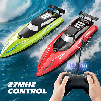 High-Speed RC Boat for Kids, Waterproof 27MHz Dual Motor racing across water with remote control in hand.