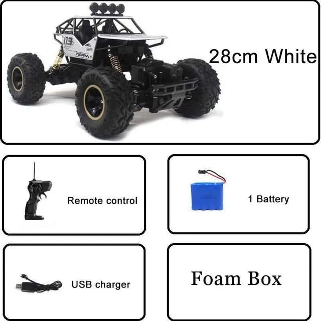 Remote control cars with LED lights 4WD features 28cm white car, remote, battery, USB charger, and foam box.