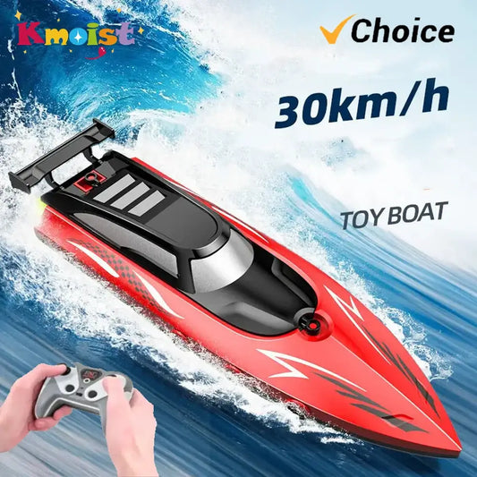RC Boat With LED Lights speeding through water, showcasing toy boat features and remote control operation.