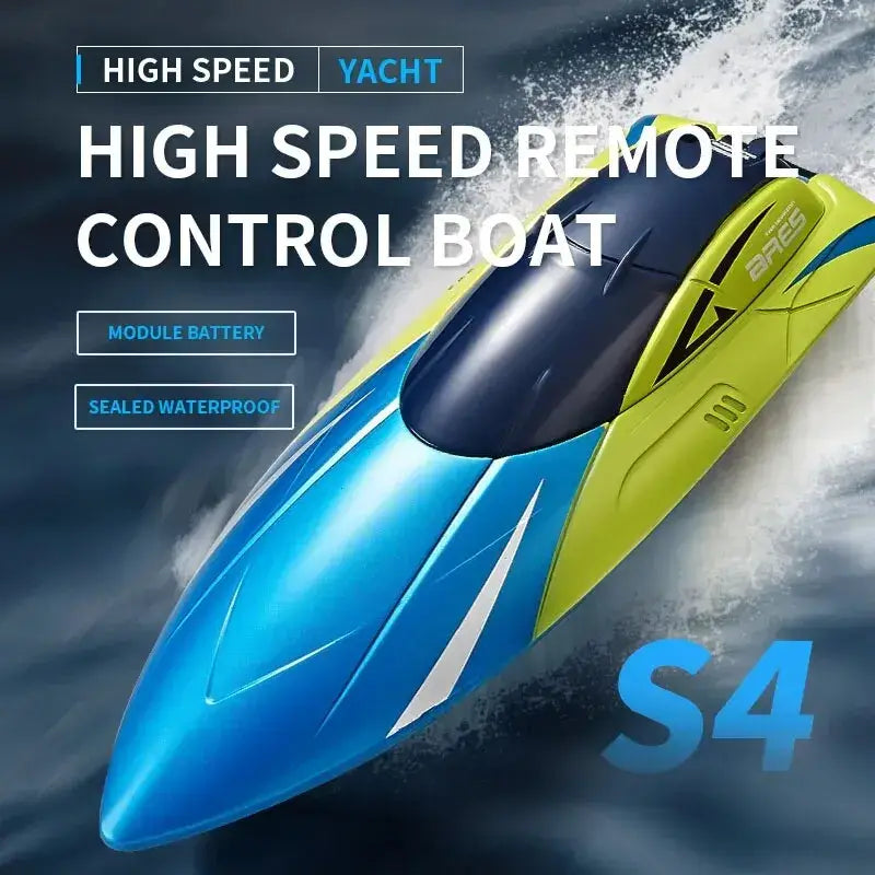waterproof remote control boat displayed in vibrant blue and yellow colors with sleek design and high speed features.
