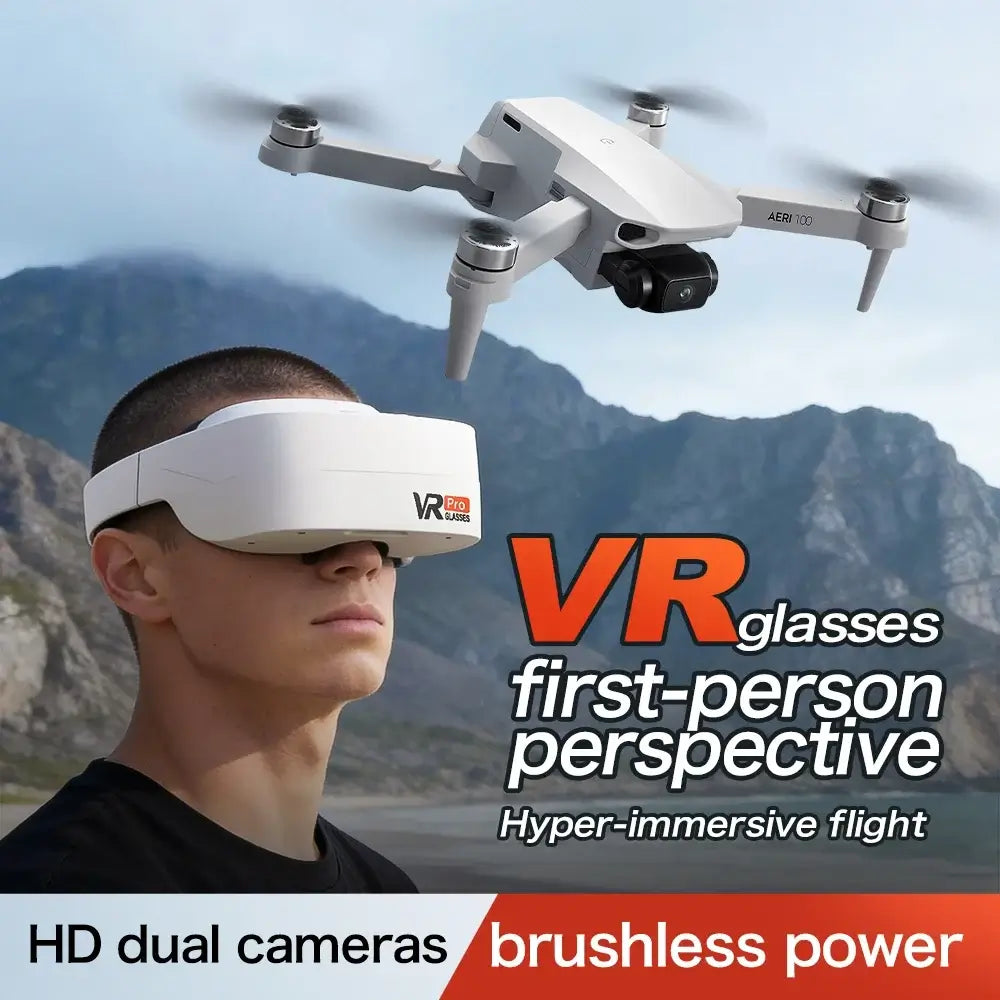 Aeri100 VR New Drone in flight with VR glasses for first-person perspective, showcasing advanced aerial technology.