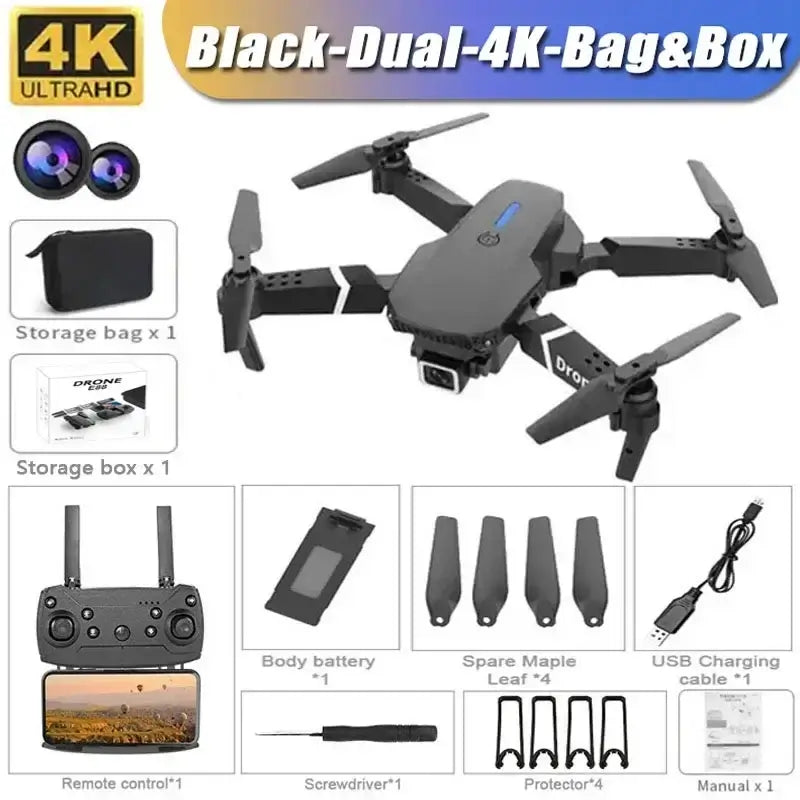 4K dual camera RC drone shown with accessories including storage bag, remote control, and spare parts.