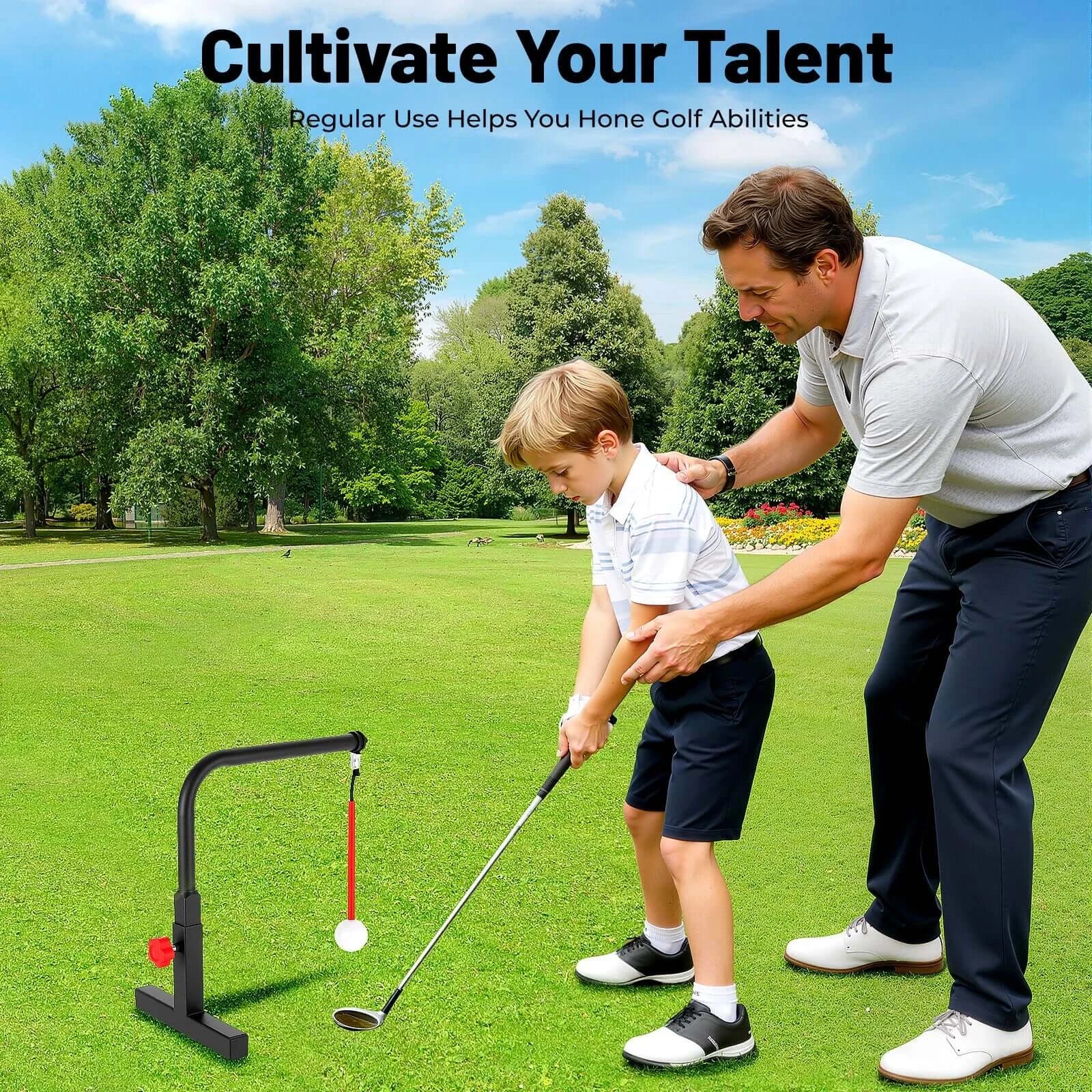 Golf Swing Trainer in use as a child practices their golf swing with adult supervision in a lush park setting.