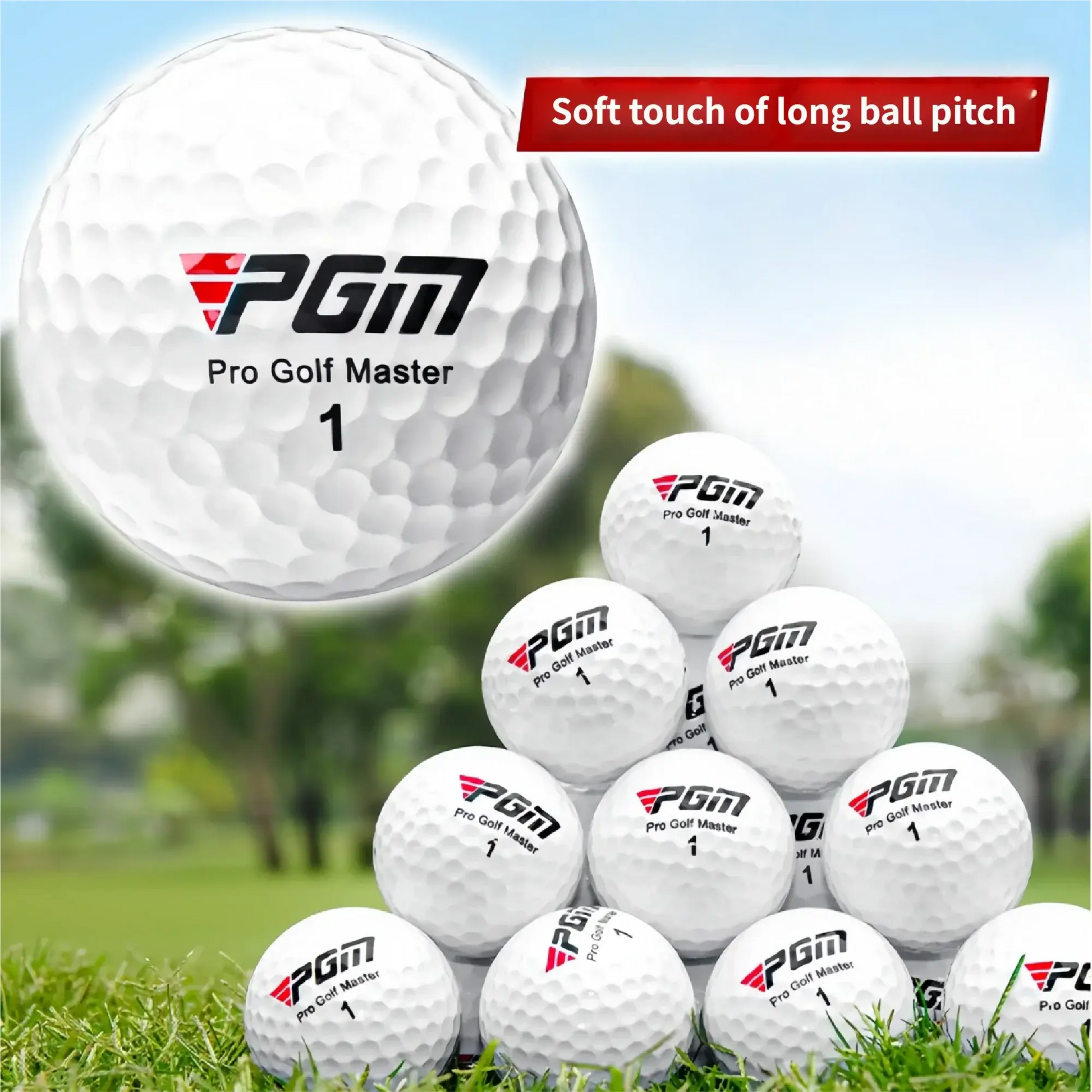 Premium golf balls for competition training stacked with PGM branding against a green golf course background.