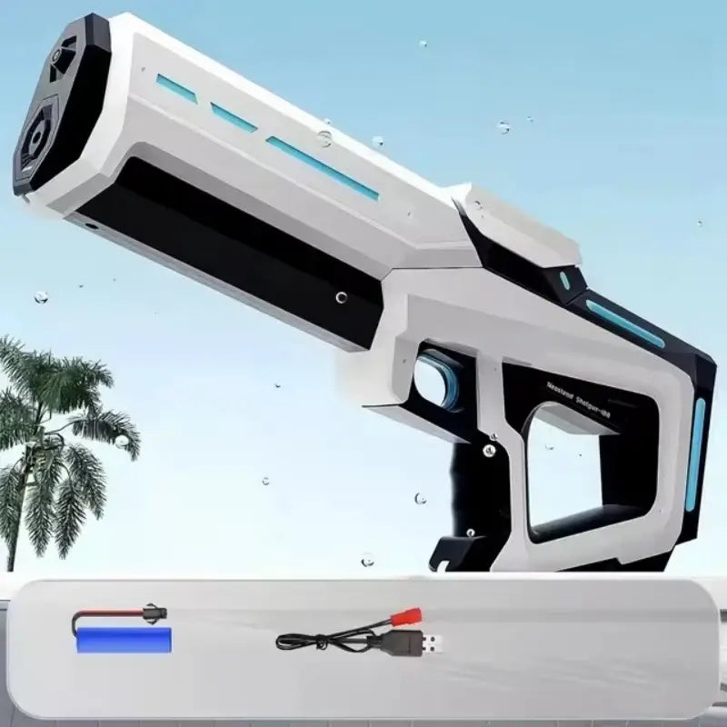 42cm Electric Water Guns for Adults High Pressure Automatic displayed with a USB charging cord in a tropical setting.