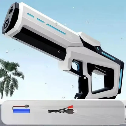 42cm Electric Water Guns for Adults High Pressure Automatic displayed with a USB charging cord in a tropical setting.
