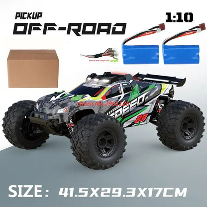 Remote Control Drift Racing Car 70KMH 1:10 High-Speed off-road vehicle with large tires and accessories.