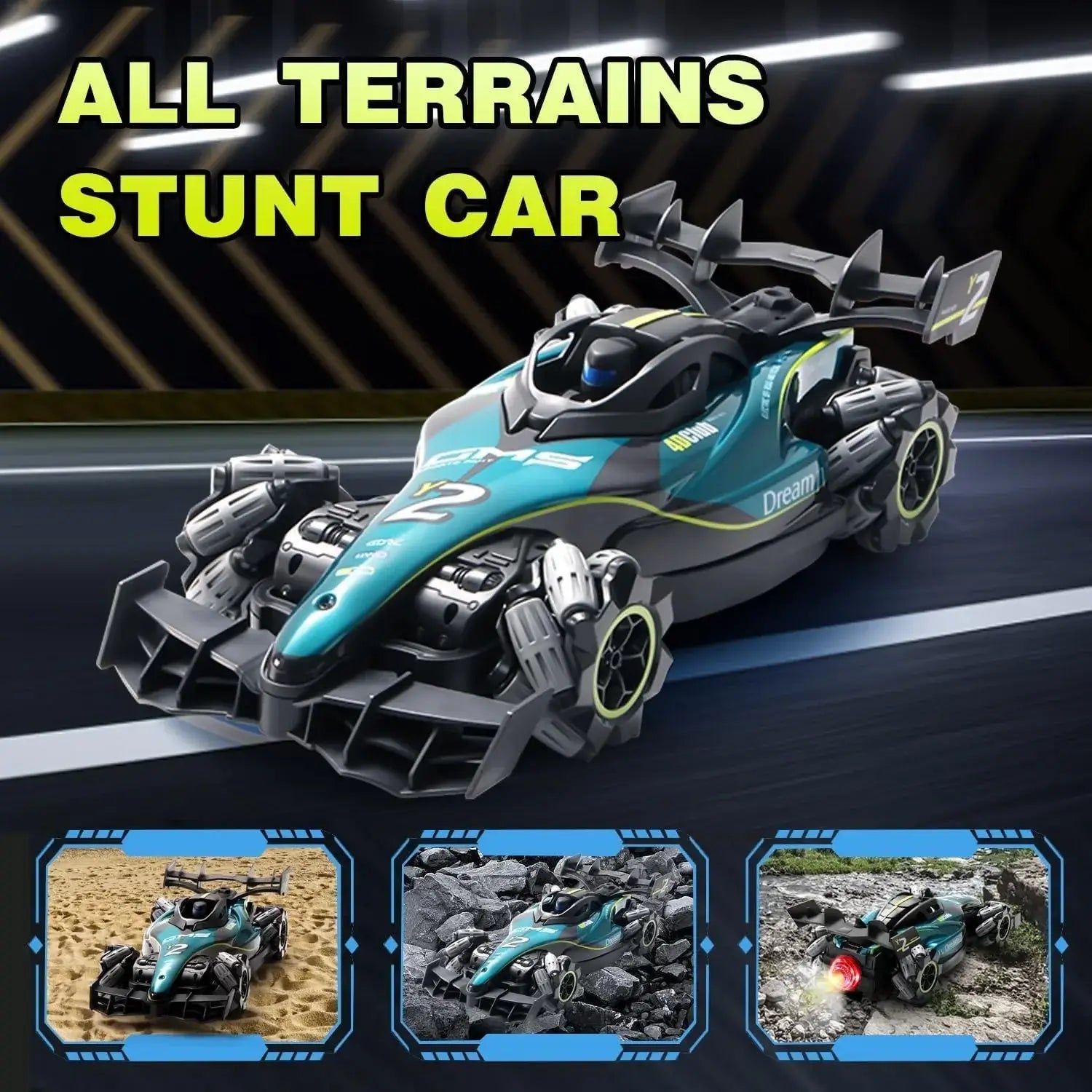 Y2 RC Car Drift Car with Light, showcasing an all-terrain stunt car designed for various surfaces and dynamic action.