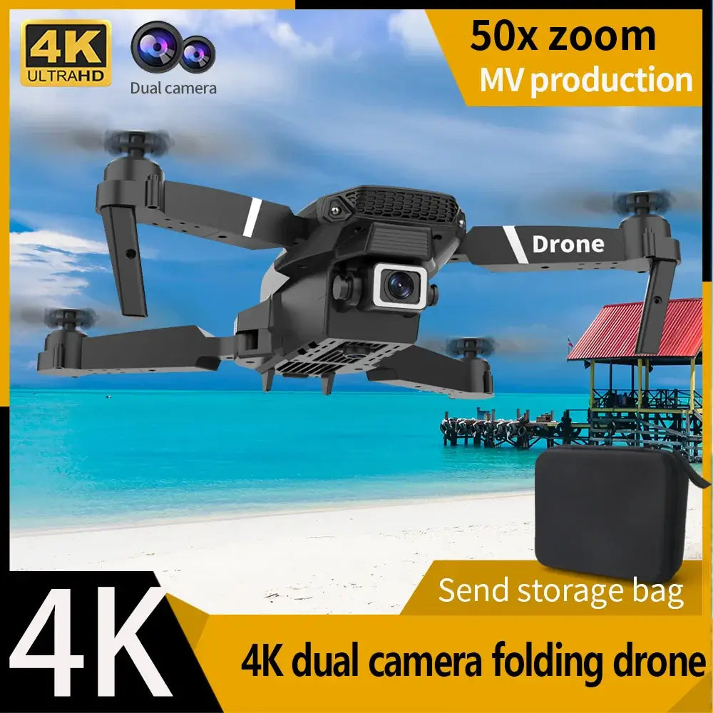 professional mini drone with obstacle avoidance soaring above a beach, featuring a dual camera and 50x zoom.