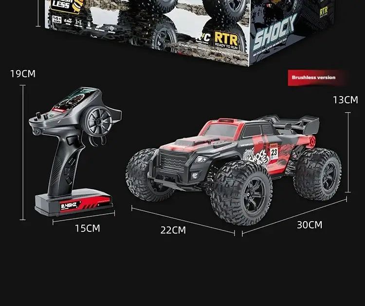 High-speed 4WD RC truck and remote control showcasing dimensions for off-road racing action.