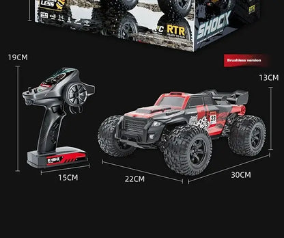 High-speed 4WD RC truck and remote control showcasing dimensions for off-road racing action.