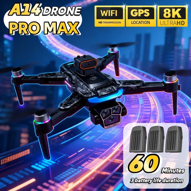 A14 Pro Max GPS drone featured with 8K capture, GPS capabilities, and three battery life duration.