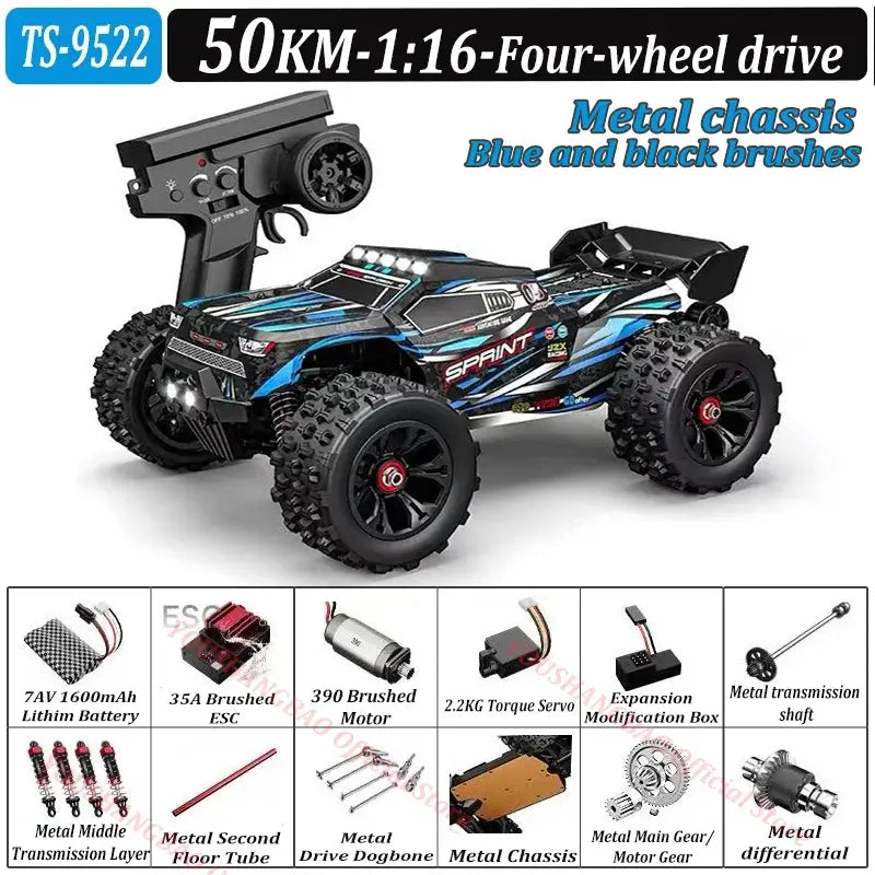RC Car 80 Kilometers or 50 Kilometers, 4WD model with metal chassis and LED lights, designed for high-speed performance.