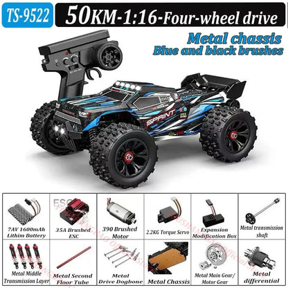 RC Car 80 Kilometers or 50 Kilometers, 4WD model with metal chassis and LED lights, designed for high-speed performance.