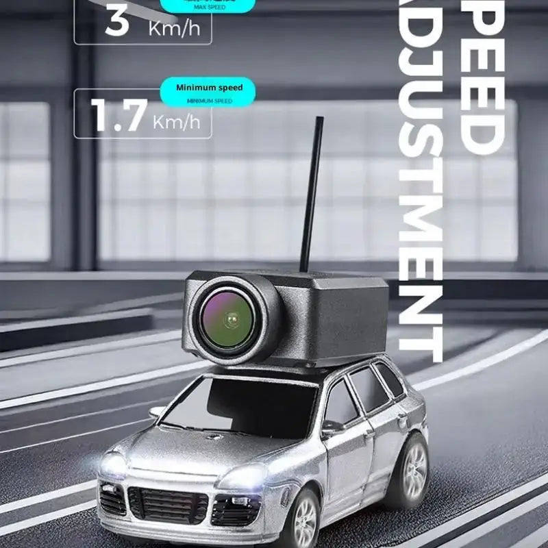 FPV RC Car HD Camera with Gyro Stabilization showcasing speed adjustment features on a model car.
