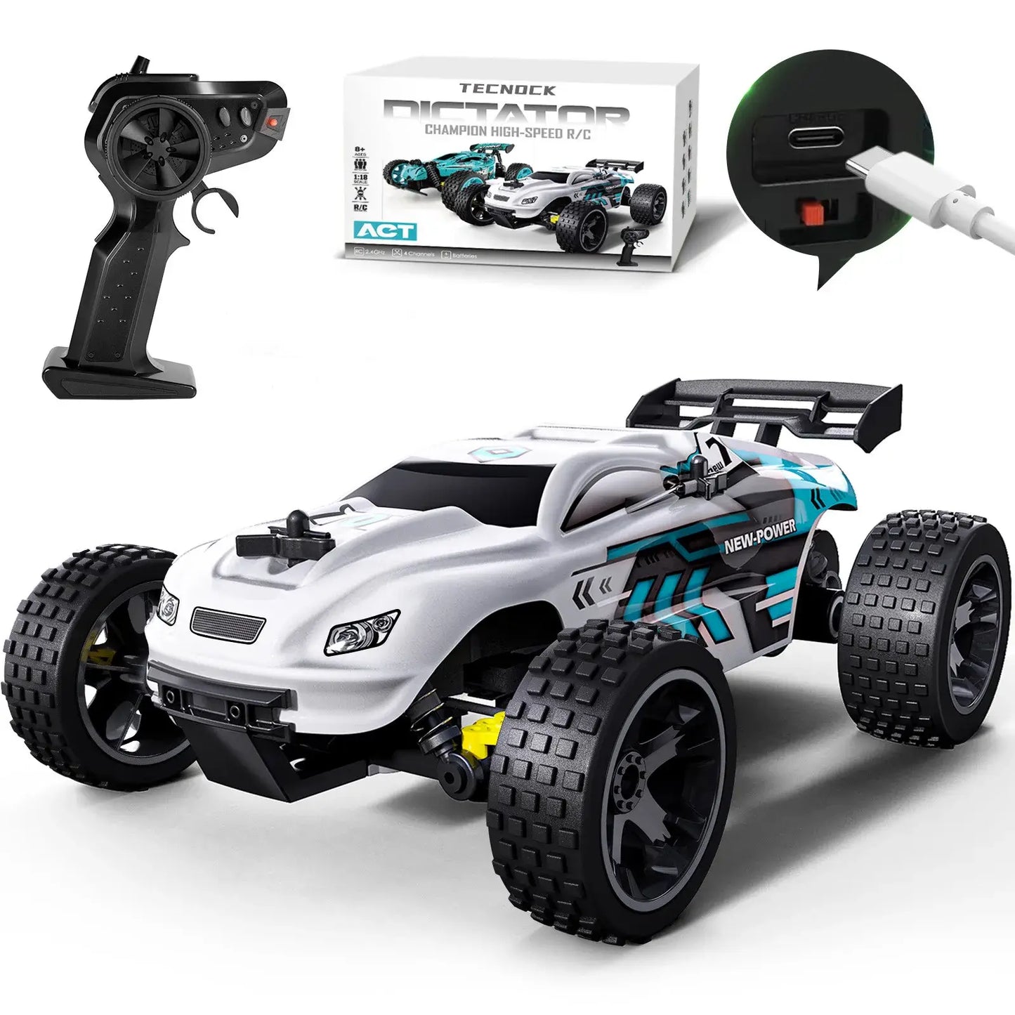 high-speed remote control car with remote and charging cable, designed for both adults and kids, speeds up to 20 KM/H