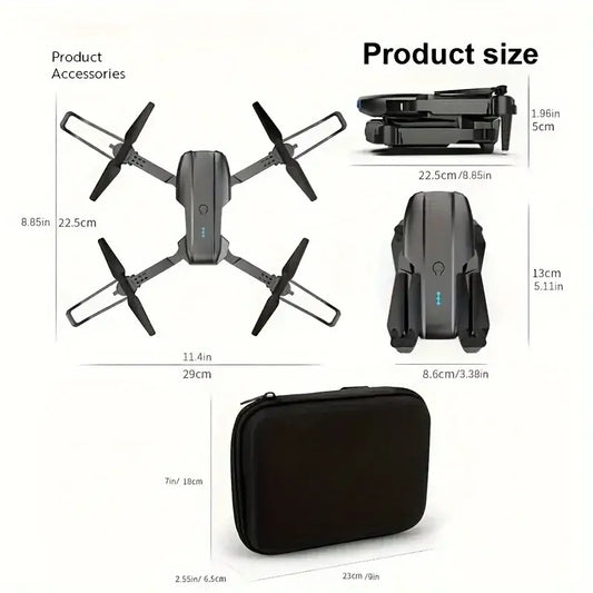 Drone With Dual Camera 2025 product size specifications showing dimensions and accessories.