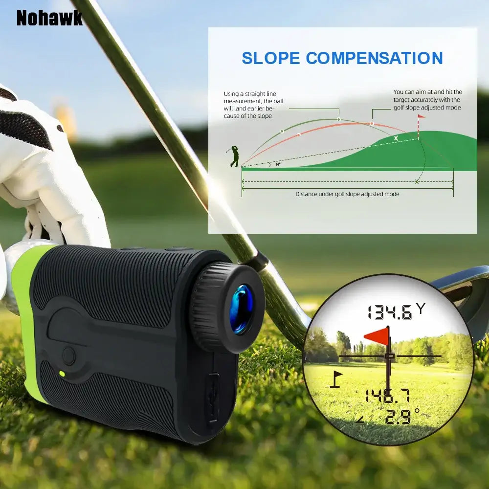 Golf laser rangefinder with slope distance showing slope compensation features and measurement display.