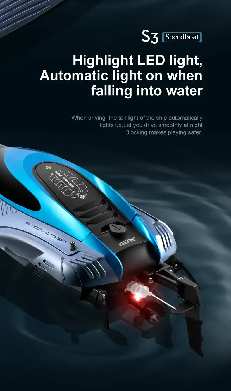 S3 Remote Control Boat with highlight LED light features and automatic light activation when it falls into water.