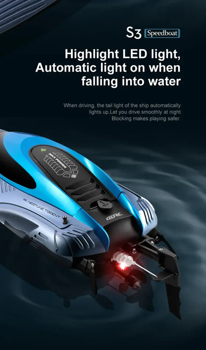 S3 Remote Control Boat with highlight LED light features and automatic light activation when it falls into water.
