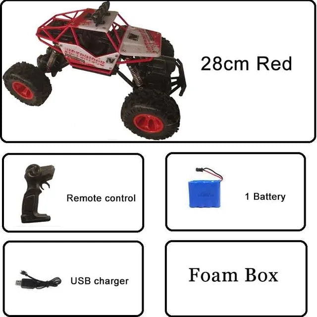 Remote control cars with LED lights 28cm red model with remote control, battery, USB charger, and foam box.