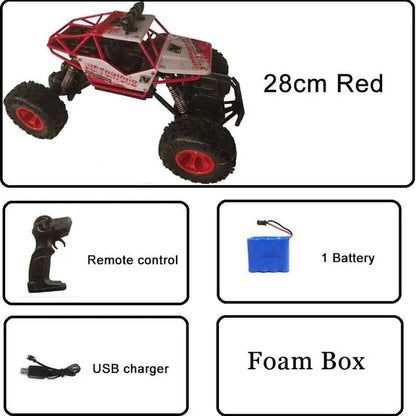 Remote control cars with LED lights 28cm red model with remote control, battery, USB charger, and foam box.