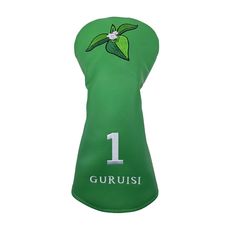flower embroidery golf club head covers featuring a green design with embroidered leaf and number 1.