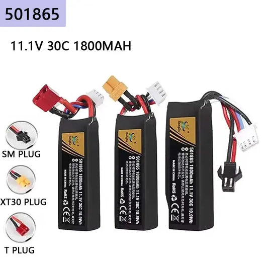 Lipo Battery for RC Car featuring 11.1V voltage, 30C discharge rate, and 1800mAh capacity for optimal performance.