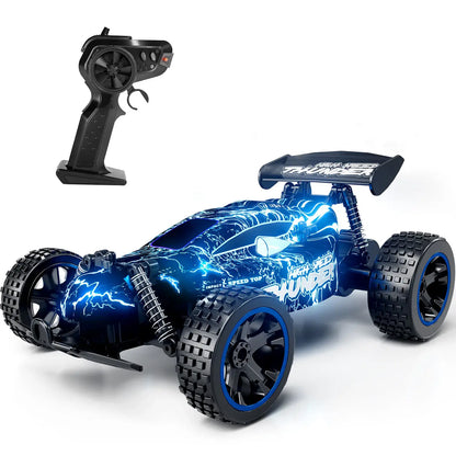high-speed remote control car with remote control, blue lightning design, capable of reaching speeds of 20 KM/H.