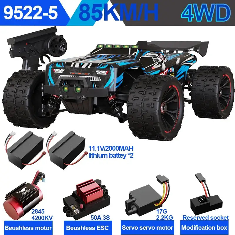 PRO 85KMH High Speed RC Car Brushless 4WD SCY9522 with remote control and accessories displayed