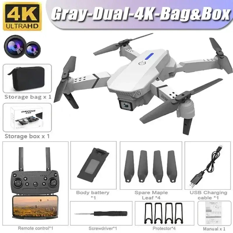 4K dual camera RC drone in gray with storage bag and box, remote control, and accessories for aerial photography.