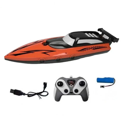 RC Boat With LED Lights kit including remote control, charger, and battery for kids pools and lakes.
