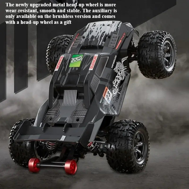 High-speed 4WD RC truck showcasing upgraded metal head-up wheel for better performance and stability.