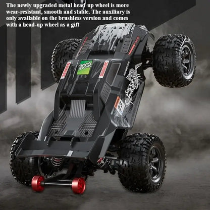 High-speed 4WD RC truck showcasing upgraded metal head-up wheel for better performance and stability.