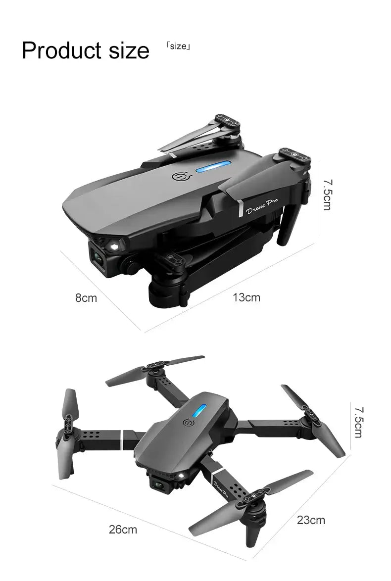 New E88 RC Drone product size dimensions displayed in folded and unfolded positions.